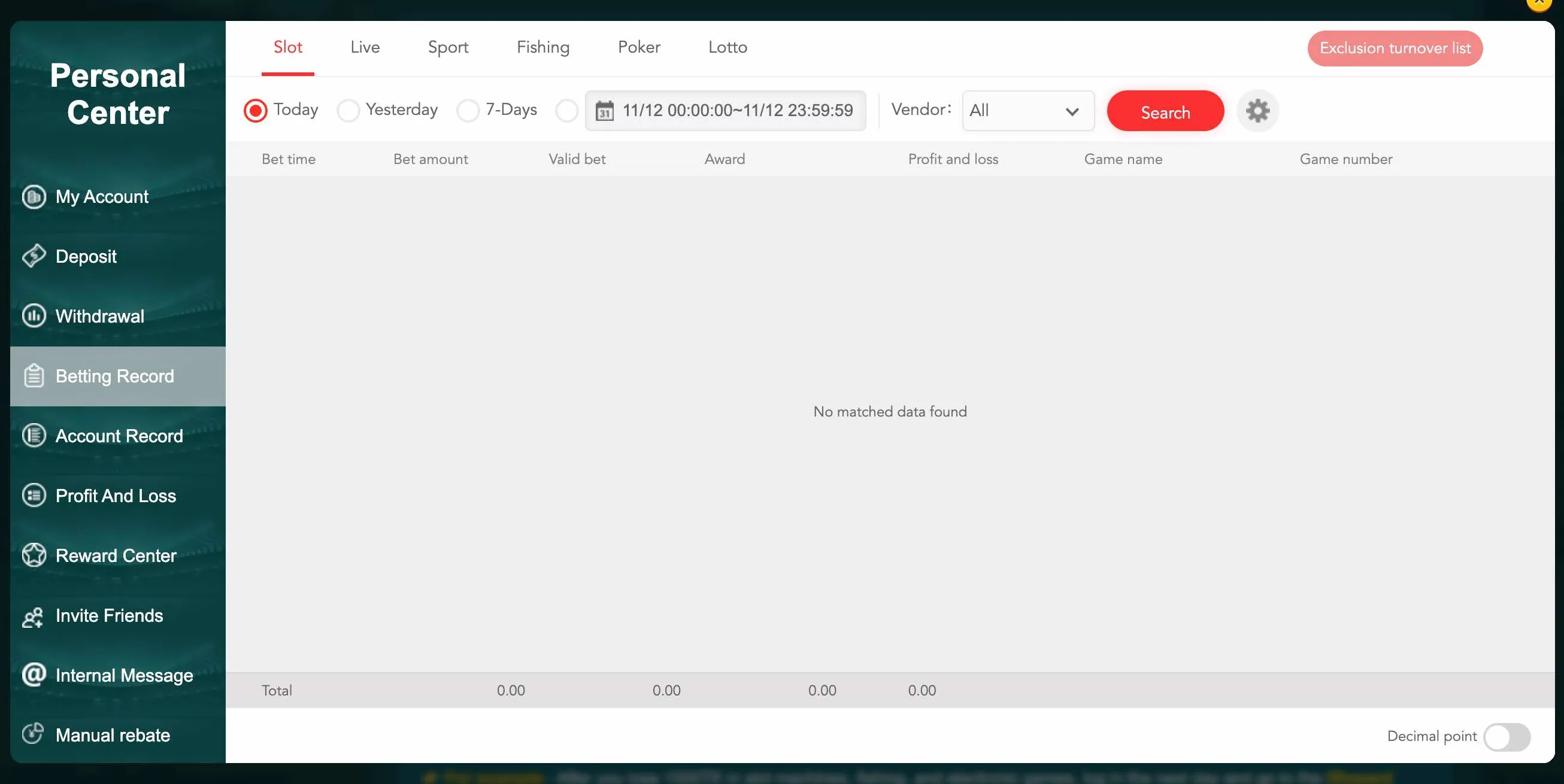 Betting record filter interface