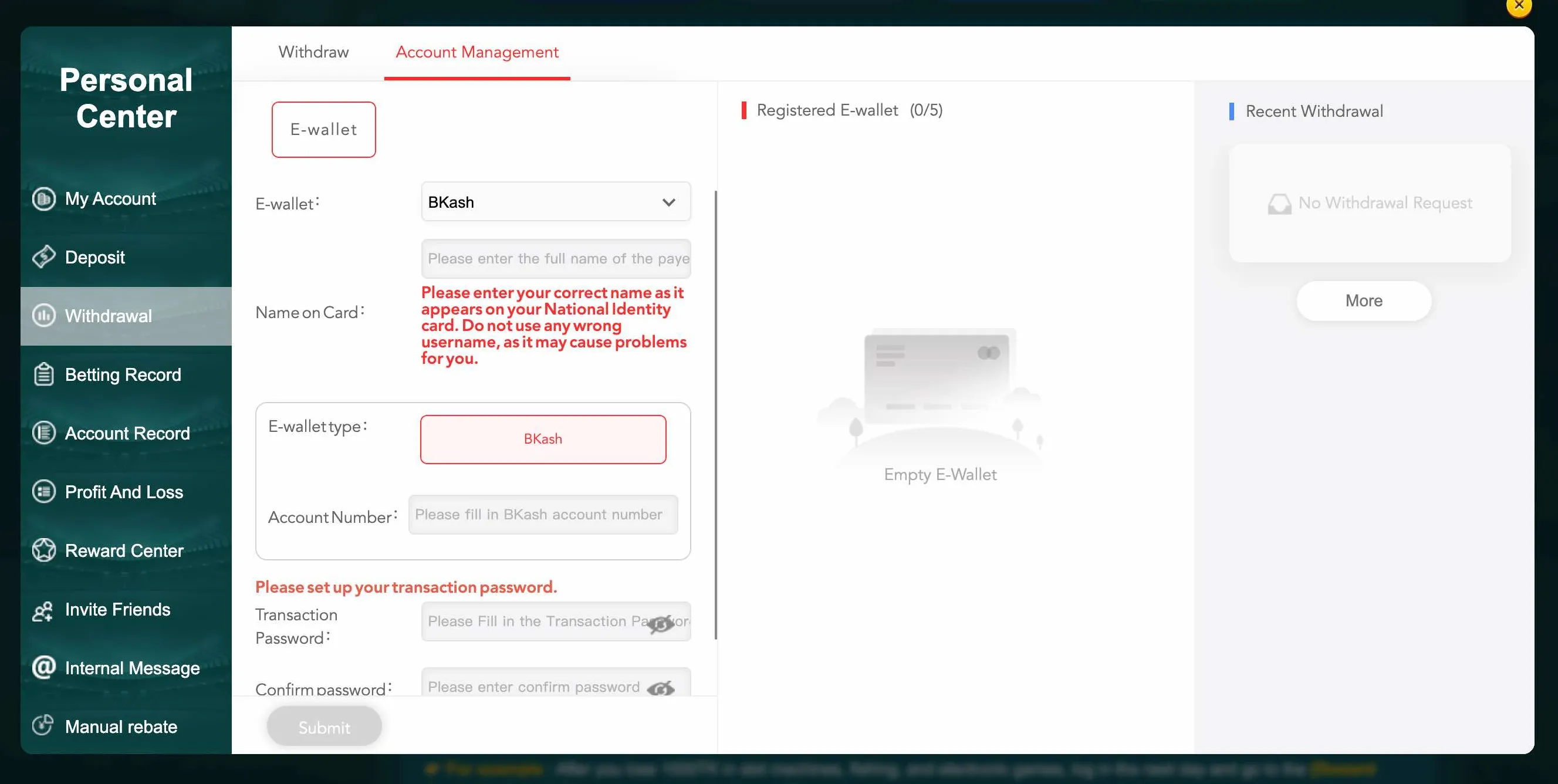 Add EK333 payout wallet